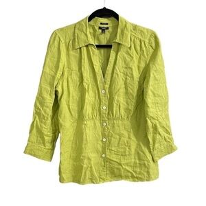 TALBOTS Linen Button Front Blouse Lime Green 12